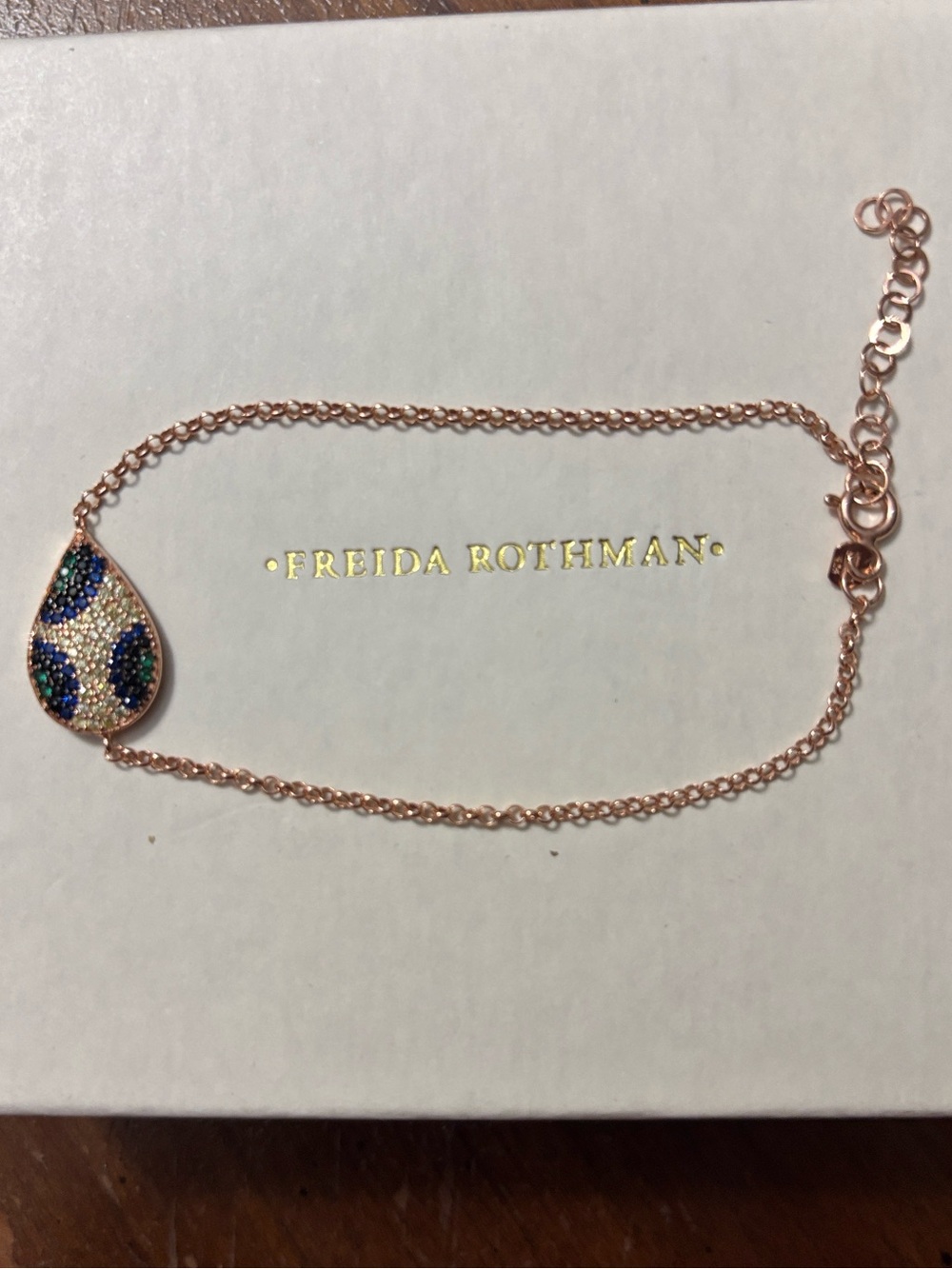Freida Rothman Vault- Teardrop Pendant bracelet in Rose Gold & Blue. SS 925